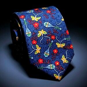 Hermes Butterfly Lute Silk Tie Blue Yellow Red Musical Instrument Luxury Necktie